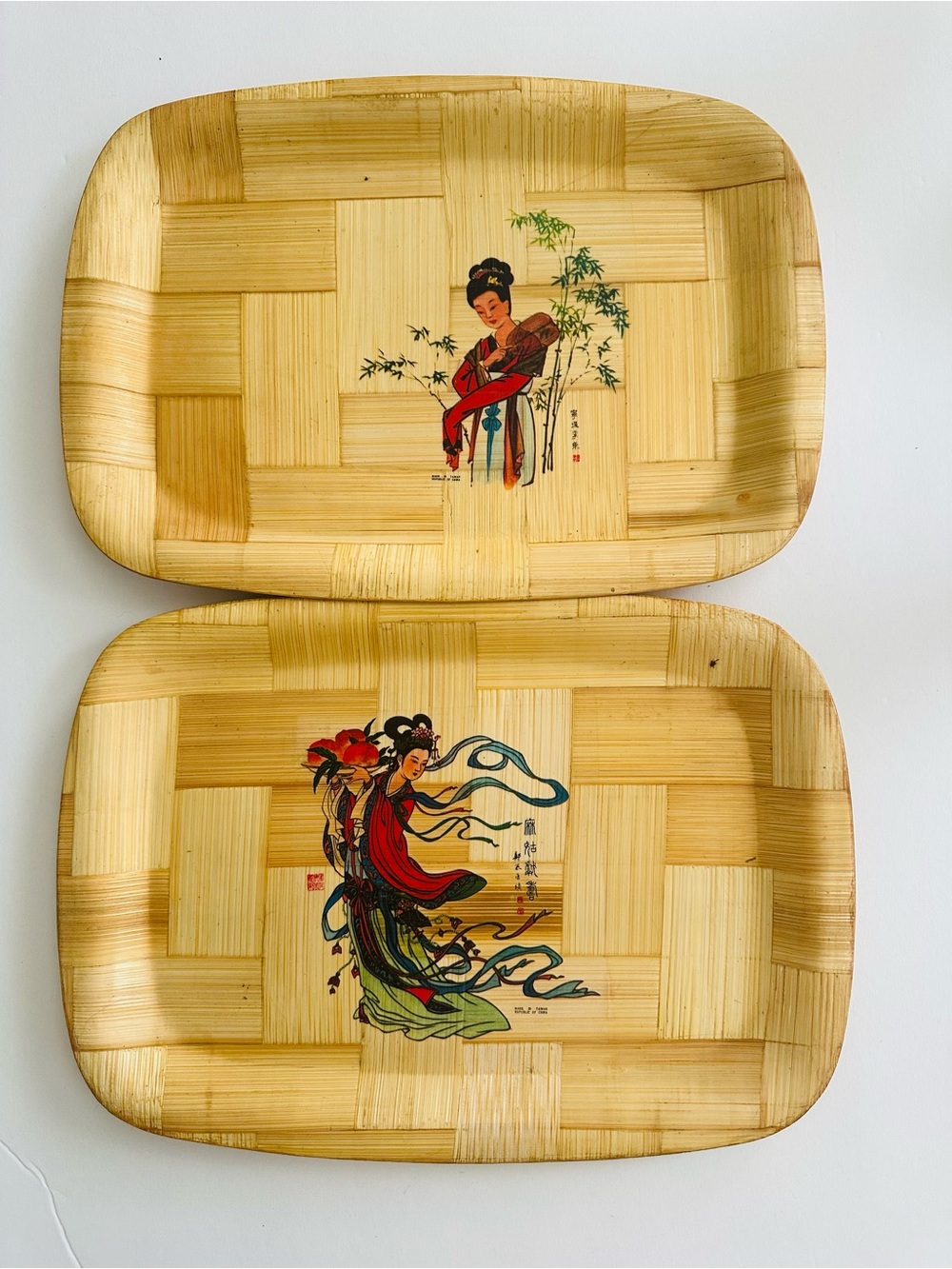 Asian Bamboo Serving Trays Geisha Art Motif - Made in Taiwan